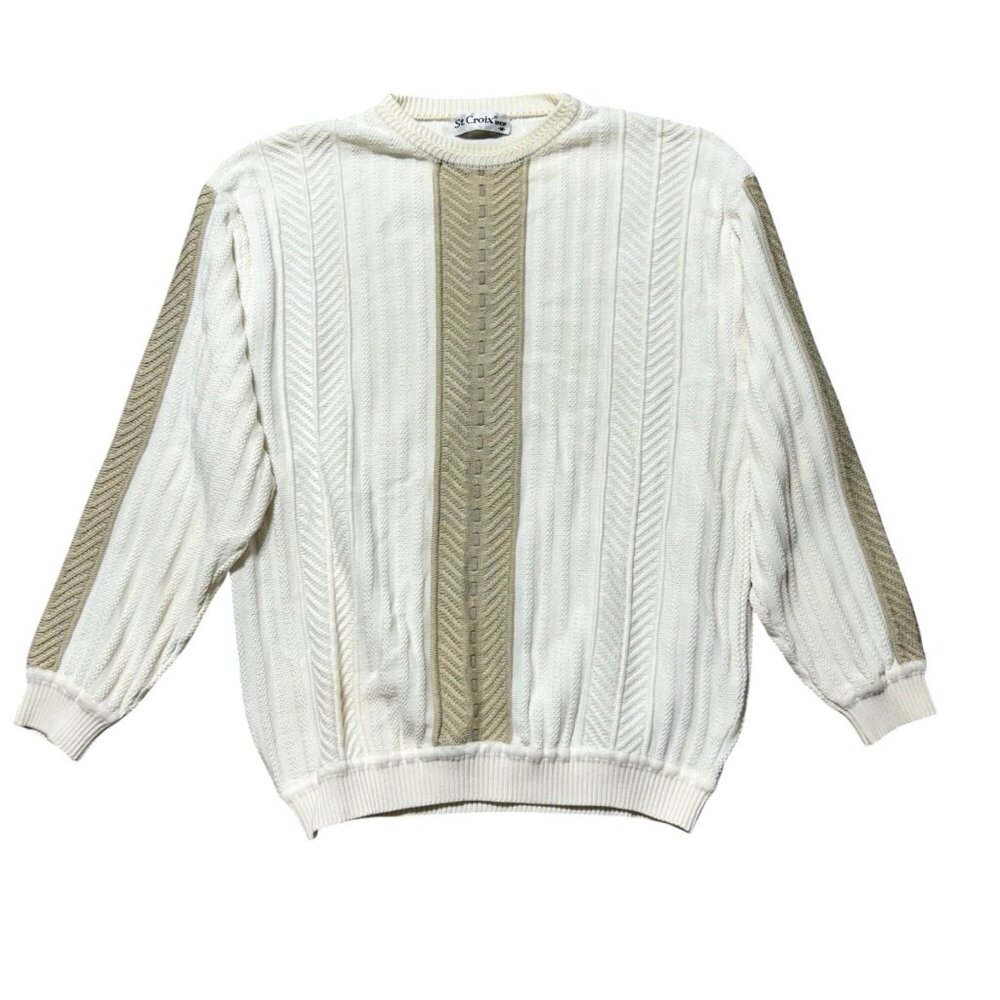 St. Croix Men's Size M Knit White & Beige Striped Crewneck Casual Pullover